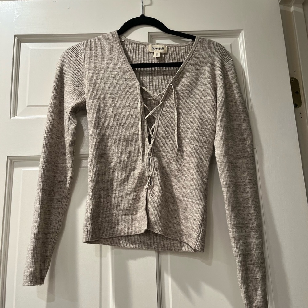 Open Edit beige/ gray lace up sweater